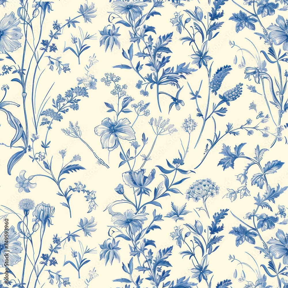 Herbs and flowers of spring as toile de jouy seamless repeating pattern ...
