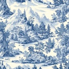 mountain landscape in blue on white background as toile de jouy seamless repeating pattern