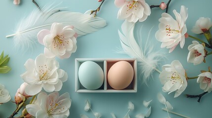 Wall Mural - Top view of Easter eggs in box, feathers and flowers on blue background