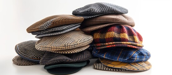 A collection of classic wool newsboy caps in various colors and patterns piled on top of each other, neatly stacked on a white backdrop for catalog pictures.