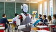 © 7 - Robot cyborg teacher (lecturer) in the classroom and students are blurred background