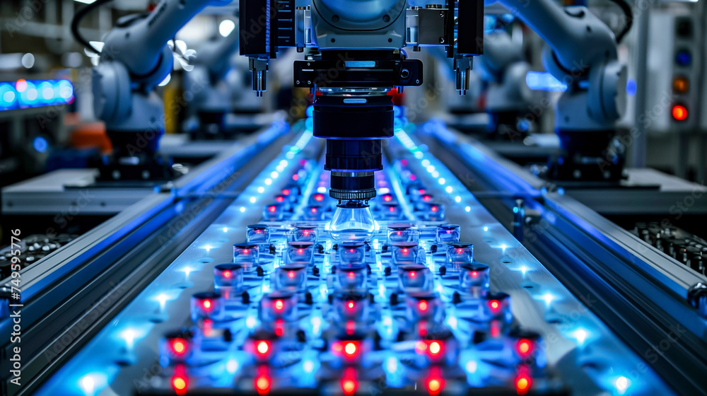 Precision Robotic Arm With A Camera Attachment Inspects A Conveyor Belt ...