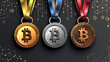 3 medallas, oro, plata, bronce, con el logo de Bitcoin, futuros Juegos Olímpicos patrocinados por las monedas digitales, virtuales, inversión solidaria al deporte