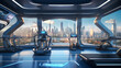 A gym interior for a futuristic cityscape fitness center, with skyscraper views and high-tech workout equipment.