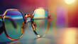 Eyeglasses sale concept. Trendy sunglasses background, wears computer glasses for reducing eye strain blurred vision looking at pc screen, blurred Copy space for text. glasses with rounded frames.