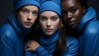 Against a solid cobalt blue backdrop, a group of diverse models captivates the viewer with their striking beauty and confident expressions, their fashionable ensembles and magnetic presence cre