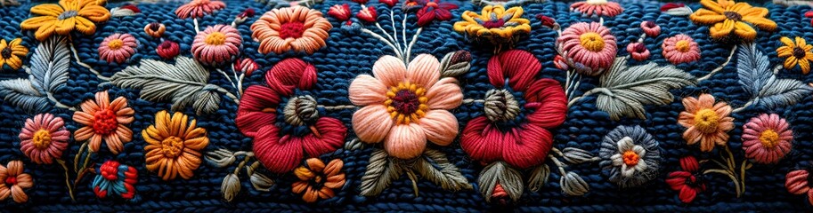 Wall Mural - Colorful embroidery on a blue knitted fabric, close-up