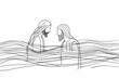 Continuous one line drawing of Jesus is baptized by John the Baptist in the Jordan River. Digital illustration.