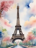 Fototapeta Miasta - Eiffel Tower fantasy landscape in a cute watercolor painting