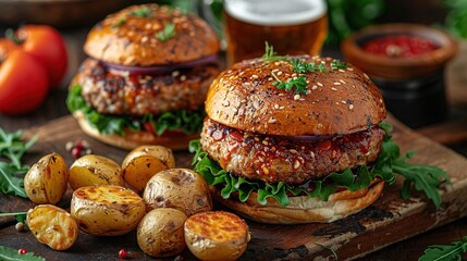 Two delicious homemade burgers of beef, cheese and vegetables on an old wooden table.