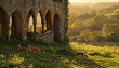 Three foxes walk past the sunlit ruins of an old stone structure in a lush green meadow