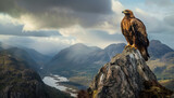 A golden eagle stands proudly on a rocky outcrop overlooking a misty valley with a winding river