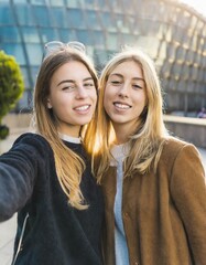 Wall Mural - wo young women, genuine friends, taking a candid selfie in an urban setting. Their shared love and camaraderie 