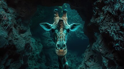 A giraffe peeking curiously into an underwater cave its long neck stretching into the minimalist mystery of the ocean s embrace