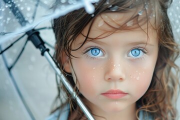 Canvas Print - A young girl with blue eyes is standing under an umbrella