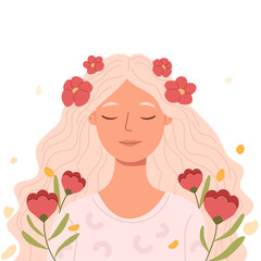 Happy woman feel confident, relax, accept and love herself.Psychological concept of mental health, restoration of the soul, self-care. Self-love and overcoming personal problems. acceptance concept.