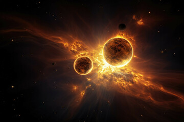 Wall Mural - binary star system illuminating a planet with tidal effects and golden light.