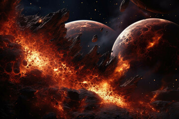 Wall Mural - colossal volcanic planet with active lava-filled surface and fiery eruptions.