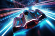 Spaceship racing through futuristic space race track