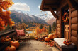 Cozy cabin in mountain with autumn foliage