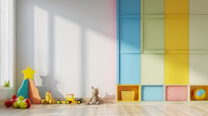 Wall Mural - little children boys or girls bedroom furniture interior design with toys and colorful cabinets, empty blank wall with copy space as wide banner mockup for daycare and kindergarten