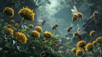 hive activity: bees and flowers, bees in their habitat
