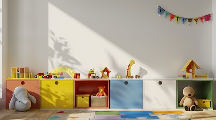 Wall Mural - little children boys or girls bedroom furniture interior design with toys and colorful cabinets, empty blank wall with copy space as wide banner mockup for daycare and kindergarten