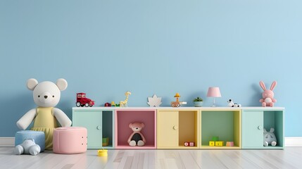 Wall Mural - little children boys or girls bedroom furniture interior design with toys and colorful cabinets, empty blank wall with copy space as wide banner mockup for daycare and kindergarten