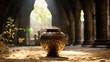 urn with ashes on the background of a crypt, temple, funeral, death, cremation, vase, bowl, culture, religion, tradition, ritual, ancient relic, museum, cemetery, remains
