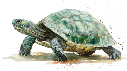 An enchanting watercolor illustration of a small turtle, its green shell and tiny feet painted