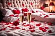 Romantic room with roses, rose petals and candles. Romantic atmosphere, valentine's day or surprise couple in love. 