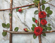 flowery frame with wood branches and red roses symbol of love and desire,on marble surface copy space for text
