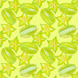 Star fruit pattern, watercolor illustration of tropical green carambola slices and whole pieces
