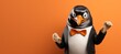 Penguin in business suit pretending to work in office, studio shot on plain wall with text space