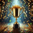 © IKARTS - A gleaming gold winners trophy cup takes center stage amidst a shower of vibrant celebration confetti and sparkling glitter, symbolizing success and achievement in a professional office setting.