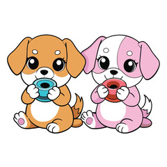 Poster - two puppies eating doughnut, vector illustration