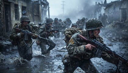 Photo of World War II marines, WWII, soldiers, war scene, soldiers fighting in war, a group of soldiers during second world war, camaraderie, soldier in combat