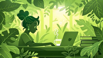 Poster - A woman is seated at a table, engrossed in her laptop computer screen, typing and clicking. She appears focused and concentrated on her work