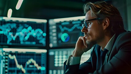 Thoughtful man dressed in suit and wearing glasses sits in front of computer screen, focused on his work