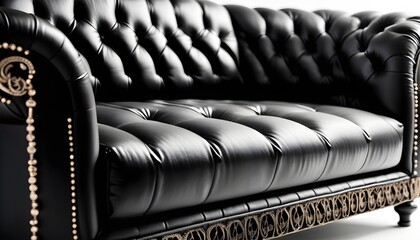 Black leather sofa isolated in a black wall room with wooden floor and two twins lamps at the sides