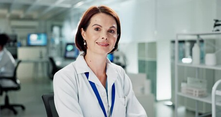 Canvas Print - Science, laboratory and face of woman for medical research, study and biotechnology. Healthcare, pharmaceutical and portrait of scientist for vaccine development, medicine and chemistry experiment