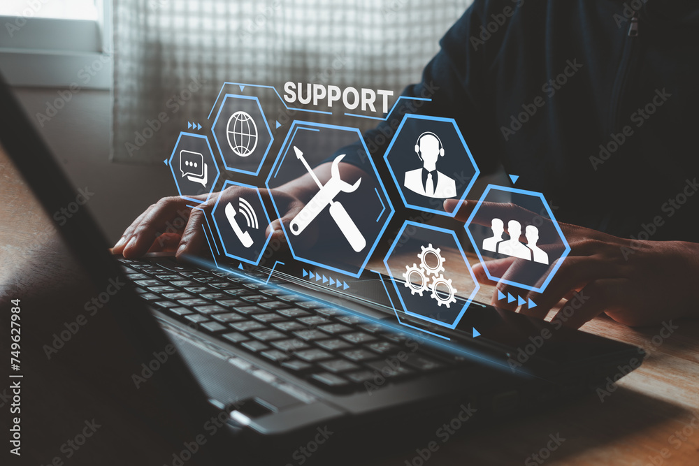Business people hand touch service technical support client help call ...