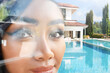 woman face against luxury home with swimming pool,desires,dreams,aspirations,thoughts,concept image,copy space for text
