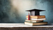 pile of books and mortarboard on wooden surface,against a blurry blackboard copy space for text,school,graduation,success,education,concept image