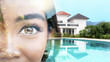 woman face close-up against luxury home with swimming pool,imagination,vision,fantasy,daydream,concept image,copy space for text