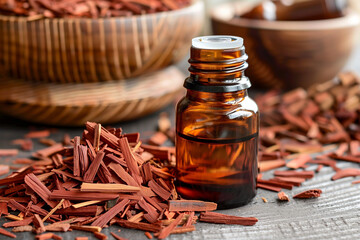 Poster - A bottle of essential oil with pieces of red sandalwood