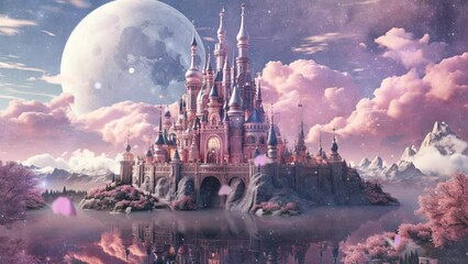 Poster - magic fantasy castle in pink sunset lights