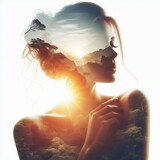 Fototapeta Perspektywa 3d - Beauty, woman, and nature earth double exposure silhouette and sunshine isolated on studio white background. Overlay, multiple exposures, art model female, jungle, or sky park landscape generative ai 