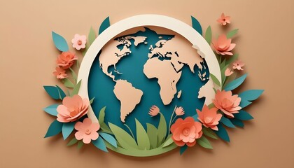 Wall Mural - paper cut and craft style Earth Illustration with flowers created with generative ai.