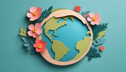 Wall Mural - paper cut and craft style Earth Illustration with flowers created with generative ai.